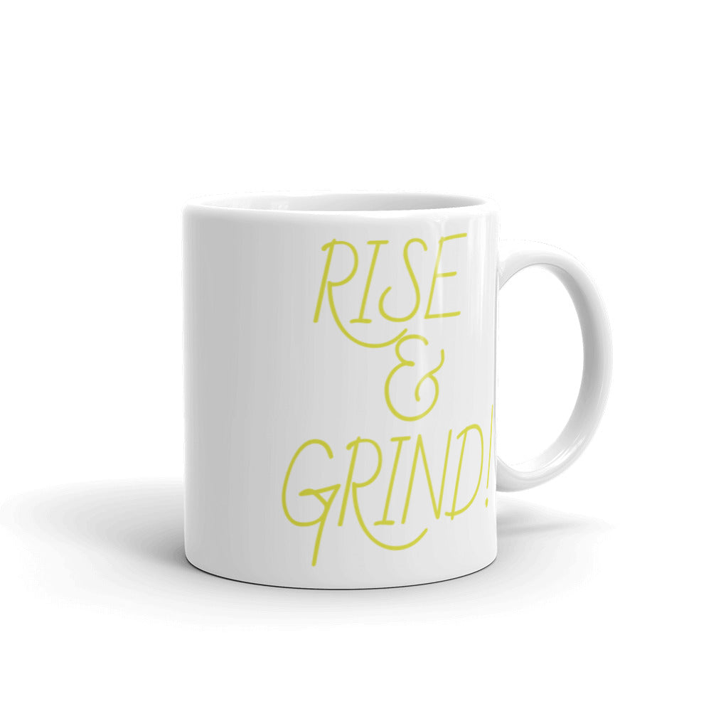 RISE & GRIND! White glossy mug